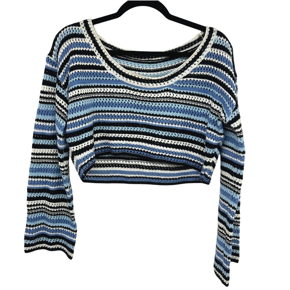 Y2K‎ Striped Crochet Sweater Crop Top S Blue Indie Fairy Grunge Boho Coastal
